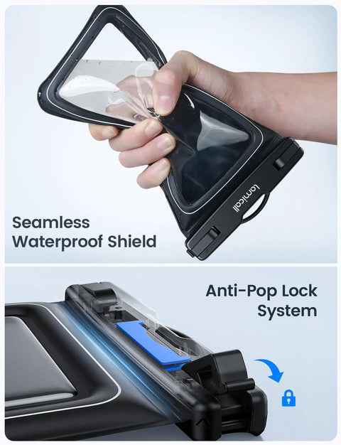 Close-up of IP68 Floating Waterproof Phone Pouch Two Pack With Lanyard showing seamless waterproof shield and anti-pop lock system.