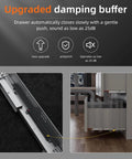 Bottom Mount Soft Close Drawer Slides With Full Extension Concealed Rails, 12 15 18 21 24 Inch Options, 80 lb Load Capacity Per Pair, Includes Brackets displayed in open drawer close-up.