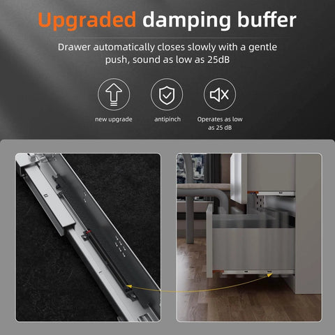 Bottom Mount Soft Close Drawer Slides With Full Extension Concealed Rails, 12 15 18 21 24 Inch Options, 80 lb Load Capacity Per Pair, Includes Brackets displayed in open drawer close-up.