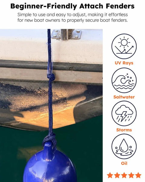 Rugged Four Pack Boat Fender Dock Lines Three Eighths Inch By Six Foot Nylon Double Braided With Adjustable Anti Chafe Sleeve Navy Blue