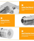 5 Pack 90 Degree JIC 37 Degree Hydraulic Elbow Fittings Half Inch JIC Male X Half Inch JIC Female With Beefed-Up Protection Cover Swivel Crimp featuring carbon steel material, sealing surface, and head protection cover labels.