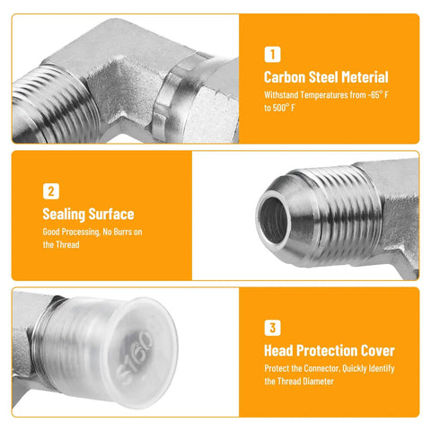 5 Pack 90 Degree JIC 37 Degree Hydraulic Elbow Fittings Half Inch JIC Male X Half Inch JIC Female With Beefed-Up Protection Cover Swivel Crimp featuring carbon steel material, sealing surface, and head protection cover labels.