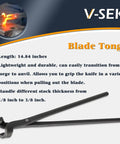 Blade tongs with V Bit Blade Tongs Set for Knife Making And Bladesmithing, text overlay highlighting features and measurements.