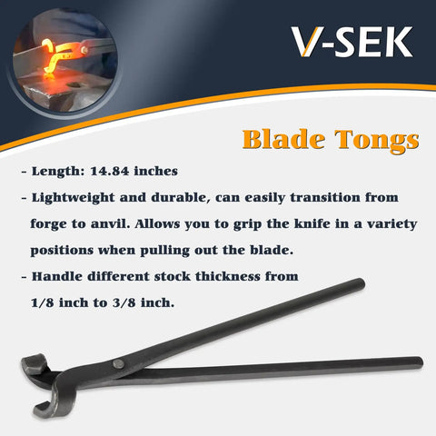 Blade tongs with V Bit Blade Tongs Set for Knife Making And Bladesmithing, text overlay highlighting features and measurements.
