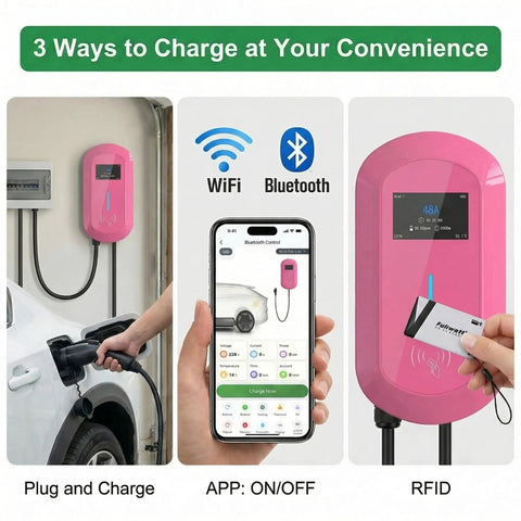 Level 2 Ev Charger To Smoothly Top Off Your EV Battery With 50Amp And 12Kw Raw Juice 240V Hardwired Hookup with smart app and RFID features.