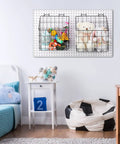 Two Pegboard Baskets Set With Hooks Large 12.4x7.5x12.8 Inches And Medium 11x5x12.6 Inches Includes Four 2 Inch Hooks For Garage Or Workshop Organization Black mounted on wall with toys.