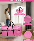 Woman carrying Big Ol 66 Gallon Extra Large Moving Bags With Zippers And Carry Handles Heavy Duty Storage Totes 45 x 16 x 22 Inches For Moving Dorm Move In And Storage Organization Holds Up To 110 Lbs Pink