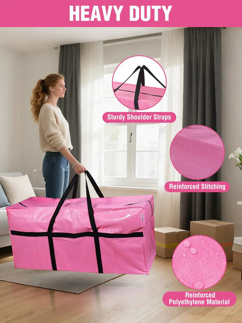 Woman carrying Big Ol 66 Gallon Extra Large Moving Bags With Zippers And Carry Handles Heavy Duty Storage Totes 45 x 16 x 22 Inches For Moving Dorm Move In And Storage Organization Holds Up To 110 Lbs Pink