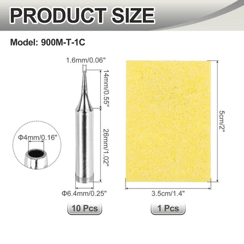 Pack Of 10 900M Internally Heated Solder Tips For Electrical Solder Stations With Cleaning Sponge Pad dimensions diagram