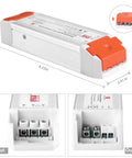 Dimmable 12V 60W LED Driver Power Supply With Universal Regulated DC Output And Dimmer shown with dimensions and terminal connectors.