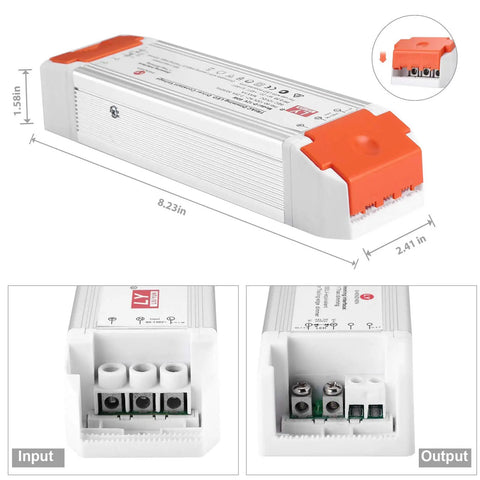 Dimmable 12V 60W LED Driver Power Supply With Universal Regulated DC Output And Dimmer shown with dimensions and terminal connectors.