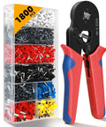 Pro Grade Ferrule Crimping Tool Kit With 1800 Wire Ferrules Set In Eight Sizes AWG 23 To 7 0.25 To 10 Mm Square Self Adjusting Ratchet Crimper Plier For Electrical Wiring Automotive Audio DIY showing plier and ferrule box