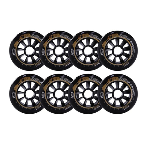 Inline Skate Wheels 6/8 Pack For Outdoor And Indoor Use 85A Hardness 90mm 100mm 110mm Options Replacement Roller Blade Wheels With Durable PU And Smooth Bearings For A Cushioned Ride. Black roller blade wheels in a pack, each featuring a sturdy spoke design and sleek black finish.