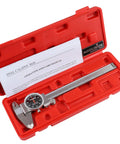 6 Inch Dial Caliper With 0.001 Inch Resolution Black Face Red Needle Stainless Steel Satin Chrome Finish in red fitted box