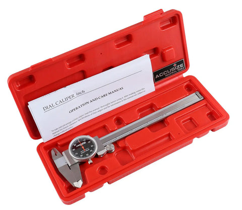 6 Inch Dial Caliper With 0.001 Inch Resolution Black Face Red Needle Stainless Steel Satin Chrome Finish in red fitted box