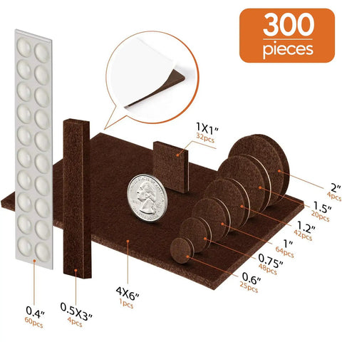 300 Piece Sweet Assorted Furniture Felt Pads Brown Non Scratch Floor Protectors Includes Cabinet Door Bumpers Heavy Duty Quick Move Prep Kit with various sizes.