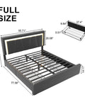 Rock Solid Full Size Bed Frame With Plush Faux Leather Upholstery, dimensions shown, featuring rolling storage drawers and LED lights.