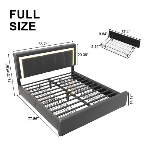 Rock Solid Full Size Bed Frame With Plush Faux Leather Upholstery, dimensions shown, featuring rolling storage drawers and LED lights.