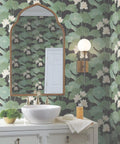 Bathroom with Lily Pad Peel And Stick Wallpaper Roll In Black And Green, 20.5 Inch Wide By 16.5 Feet Long, Covers 28.18 Square Feet