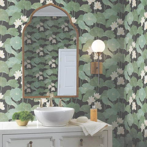 Bathroom with Lily Pad Peel And Stick Wallpaper Roll In Black And Green, 20.5 Inch Wide By 16.5 Feet Long, Covers 28.18 Square Feet