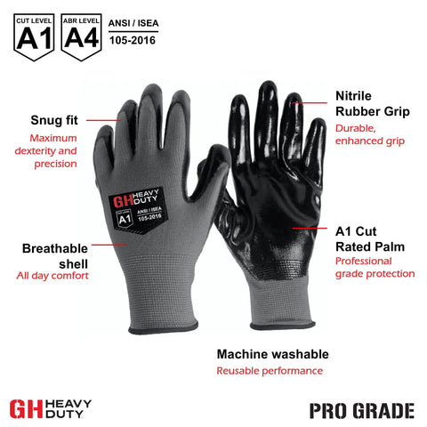 Heavy Duty Nitrile Reusable Work Gloves For All Purpose Tasks With Cut Resistant Palm Latex Free Hand Protection Black Large