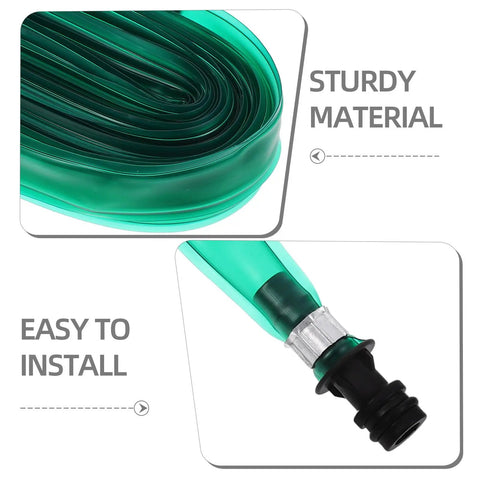 Flat Soaker Hose With Perforated Holes For Even Yard Watering Flexible PVC Low Profile Sprinkler Hose 7.5m close-up of material and connector