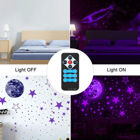 Ultra Bright 54W 18 LED UV Black Light Bar With Remote Control in bedroom, glowing stars and moon, light on and off comparison