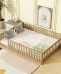Queen Floor Bed With Safety Guardrails in Natural Rubber Wood Finish Solid Construction, low-profile platform in a modern bedroom