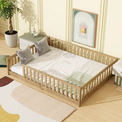 Queen Floor Bed With Safety Guardrails in Natural Rubber Wood Finish Solid Construction, low-profile platform in a modern bedroom