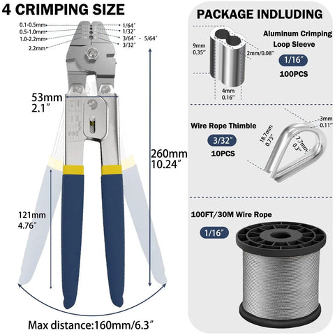 Heavy Duty Wire Rope Crimping Tool Kit With 100 Ft One Sixteenth Inch Stainless Steel Cable, 100 Aluminum Crimping Loop Sleeves