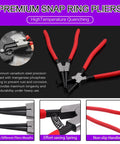 13 Inch Snap Ring Pliers Kit With Pick And Hook Set, Heavy Duty Internal External Circlip Oil Seal Pliers, red handles, close-up view.