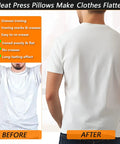 Comparison of wrinkled and smooth shirts, promotes Nonstick PTFE Heat Press Pillow Set For Screen Printing And HTV Sublimation, Heat Resistant Up To 428F, 4 Pack With 4 Sizes, Helps Prevent Scorching And Sticking For Smooth Shirt Transfers And Craft Projects