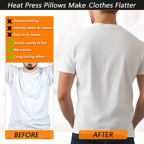 Comparison of wrinkled and smooth shirts, promotes Nonstick PTFE Heat Press Pillow Set For Screen Printing And HTV Sublimation, Heat Resistant Up To 428F, 4 Pack With 4 Sizes, Helps Prevent Scorching And Sticking For Smooth Shirt Transfers And Craft Projects