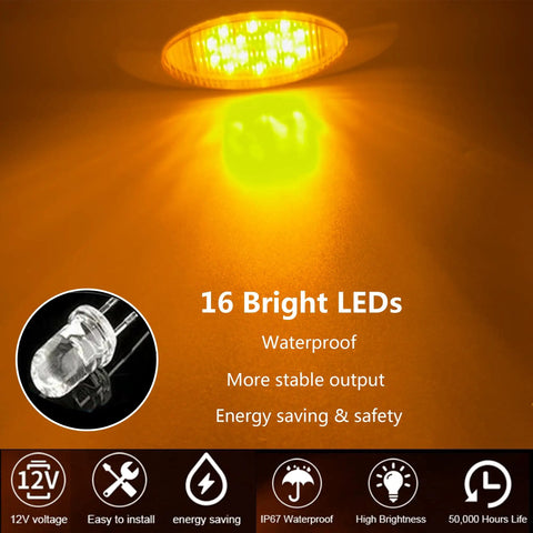 16 bright LEDs in use on 6.6 Inch Oval Amber LED Side Marker Lights Kit For Truck Trailer RV Van And Pickup Waterproof Chrome Surface Mount