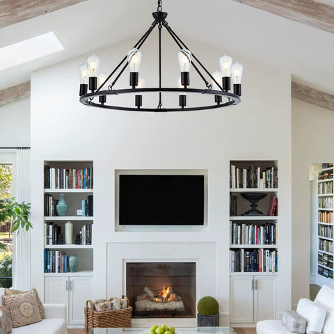 Black Farmhouse Wagon Wheel Chandelier With 10 Lights 31.5 Inch Old School Vintage Industrial Pendant in a living room setting.