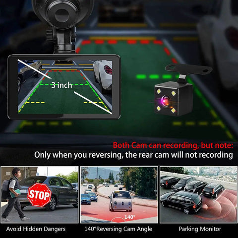 Dual Front and Rear Dash Cam for Cars with 1080P Resolution showing reverse parking mode and G Sensor feature.