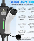 Portable Level 2 EV Charger With Nema 1430 Plug showing vehicle compatibility graphics for various EVs and PHEVs.