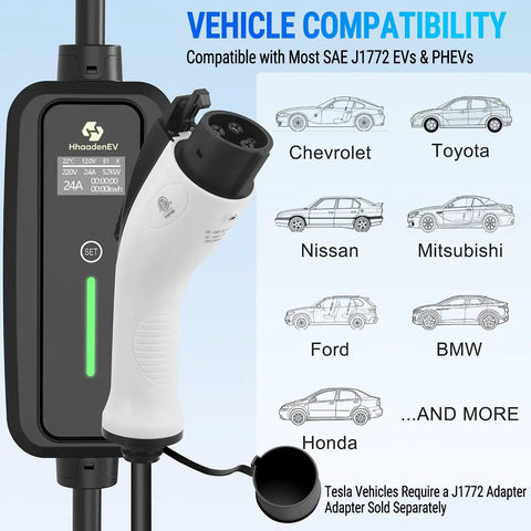 Portable Level 2 EV Charger With Nema 1430 Plug showing vehicle compatibility graphics for various EVs and PHEVs.