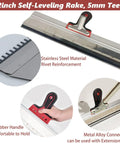 22-inch self-leveling rake with 5mm teeth and stainless steel construction for Self Leveling Concrete Tools Kit With 20 Inch Spiked Roller.