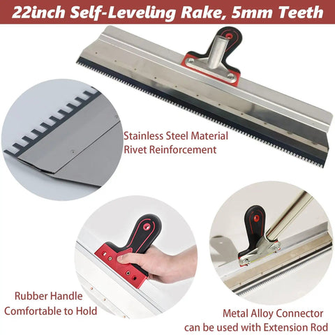 22-inch self-leveling rake with 5mm teeth and stainless steel construction for Self Leveling Concrete Tools Kit With 20 Inch Spiked Roller.