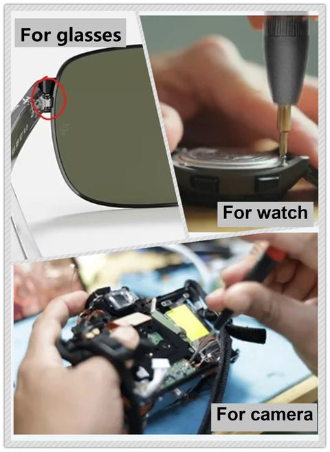 Eyeglasses And Sunglasses Repair Kit With Screws Tweezers Screwdrivers And Stainless Steel Nuts Includes 13 Screw Sizes Handy Multi Tool Gear For Glasses Watches Jewelry And Electronics Easy To Use Must Have, showing repairs on glasses, watch, and camera.