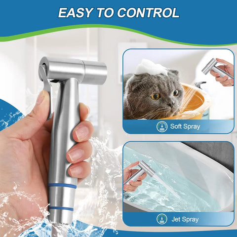 Handheld Bidet Sprayer for Toilet with Brass T-Valve Adapter, Adjustable Water Pressure, demonstrating soft and jet spray modes