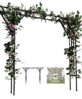 Massive Flattop Garden Arch In Black, 140.7 Inch Long And 106 Inch High Garden Trellis Arbor adorned with greenery