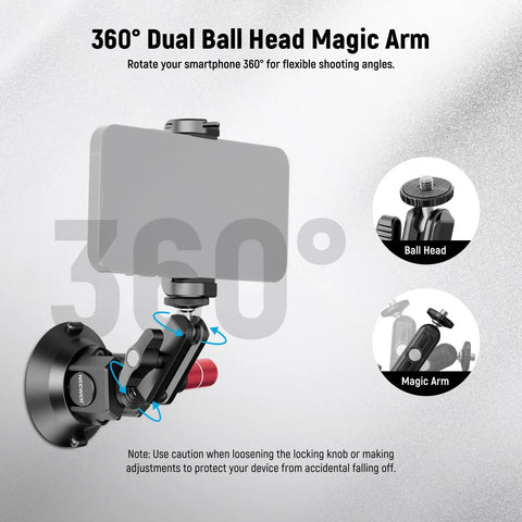 3 Inch Suction Cup Camera Mount With Dual Ball Head Arm And Quick Release for phones, showcasing 360-degree rotation feature.