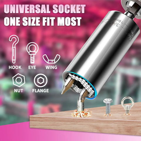 Universal socket tool from Pink 205-Piece Tool Kit For Gals with USB Electric Screwdriver and Drill Adapter on a wooden surface. 