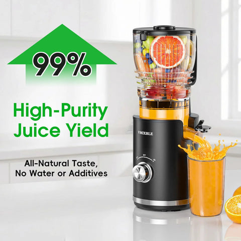 Front view of VMIXBLE black juicer with clear hopper full of fruit; orange juice pours into glass.
