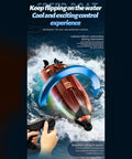 High Speed Remote Control Boat With Dual Brushless Motors, 360 Degree Rotation, Red Finish, showing rollover in water.