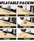 Inflatable packing machine displaying text, date, barcode, QR code, image, and count imprinting on packaging material.