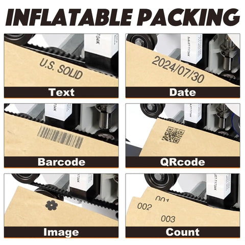 Inflatable packing machine displaying text, date, barcode, QR code, image, and count imprinting on packaging material.
