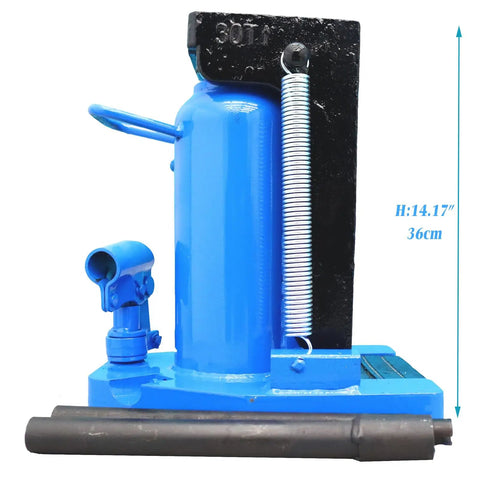 Heavy Duty Air Hydraulic Toe Jack 15 Ton Lift Plus 30 Ton Top Capacity Featuring Beefy Heat Treated Steel side view showing height 14.17 inches.
